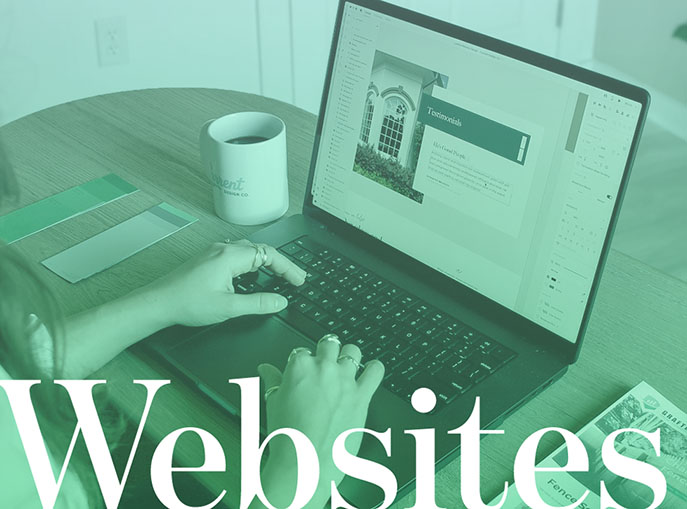 A woman typing at her computer with the word WEBSITES overlayed