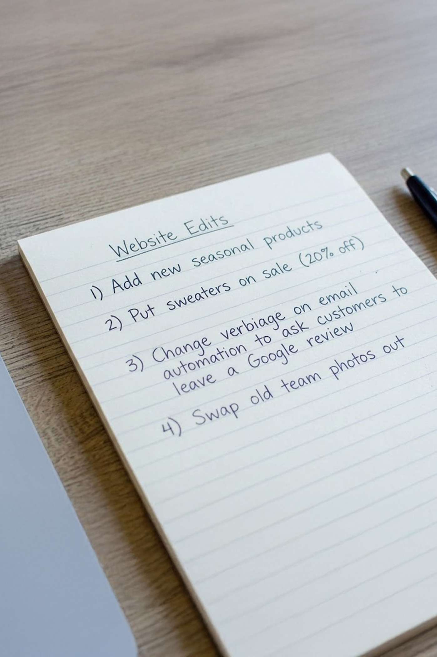 A Notepad that has a list of Website Edits